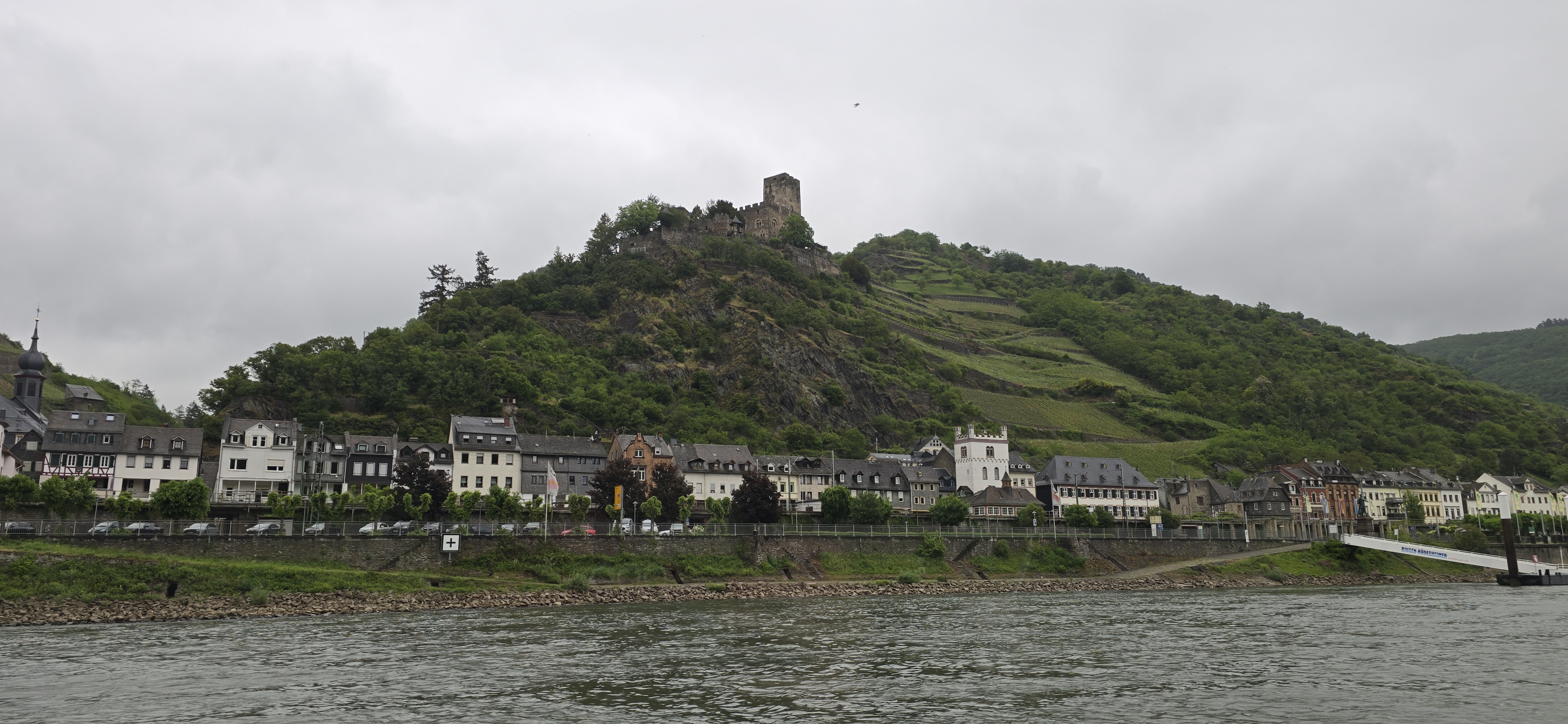 Burg Gutenfels above Kaub on the left bank of the Rhine, seen from the KD cruise vessel