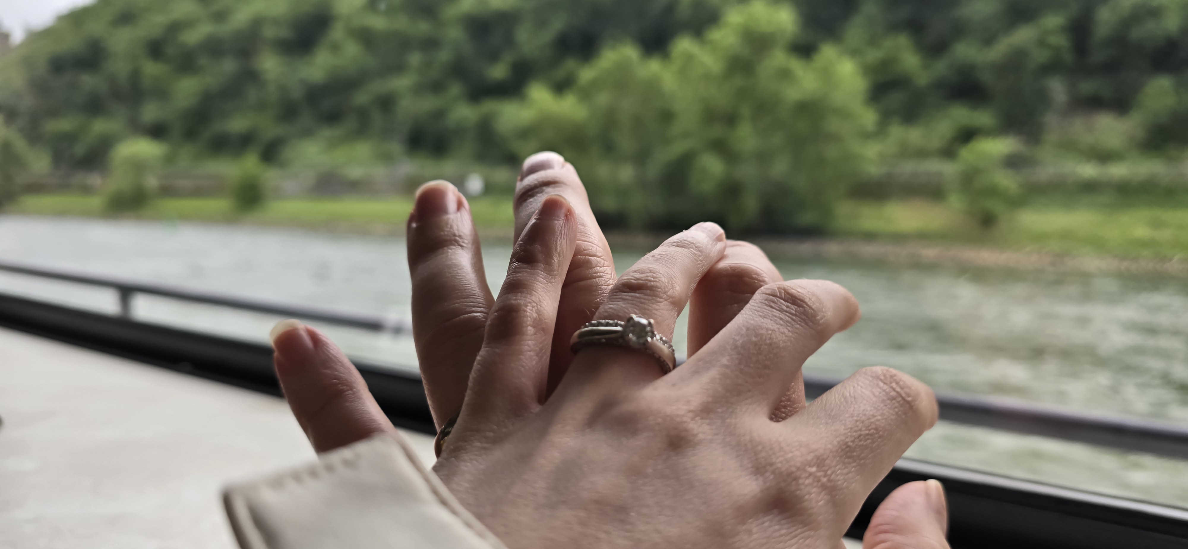 Two hands with wedding rings resting together on the KD cruise boat window ledge, the Rhine gorge visible through the glass