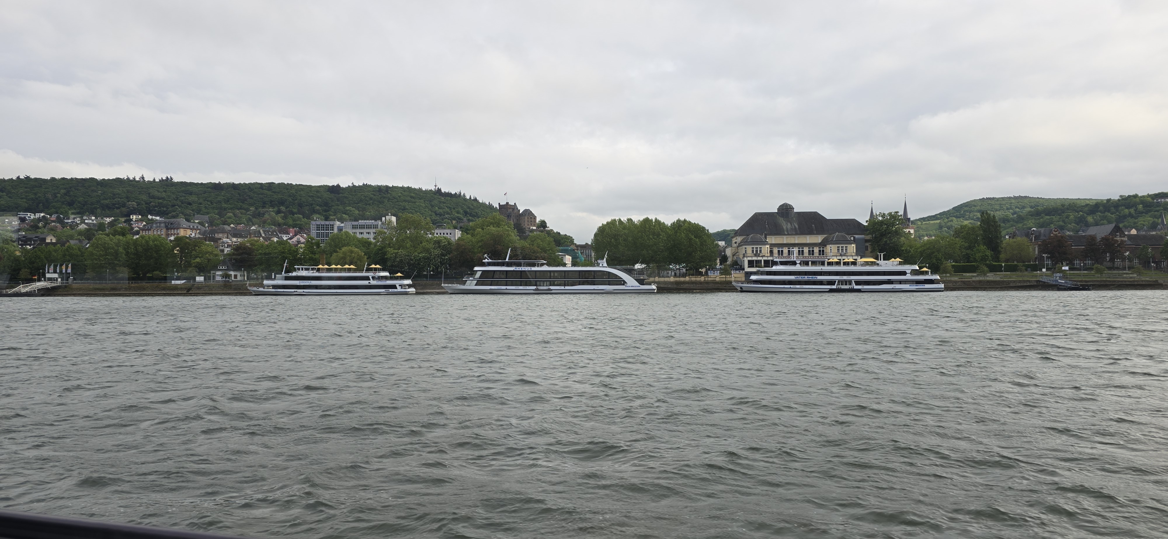 Bingen at dusk, KD boats moored at the landing stage, end of the anniversary day
