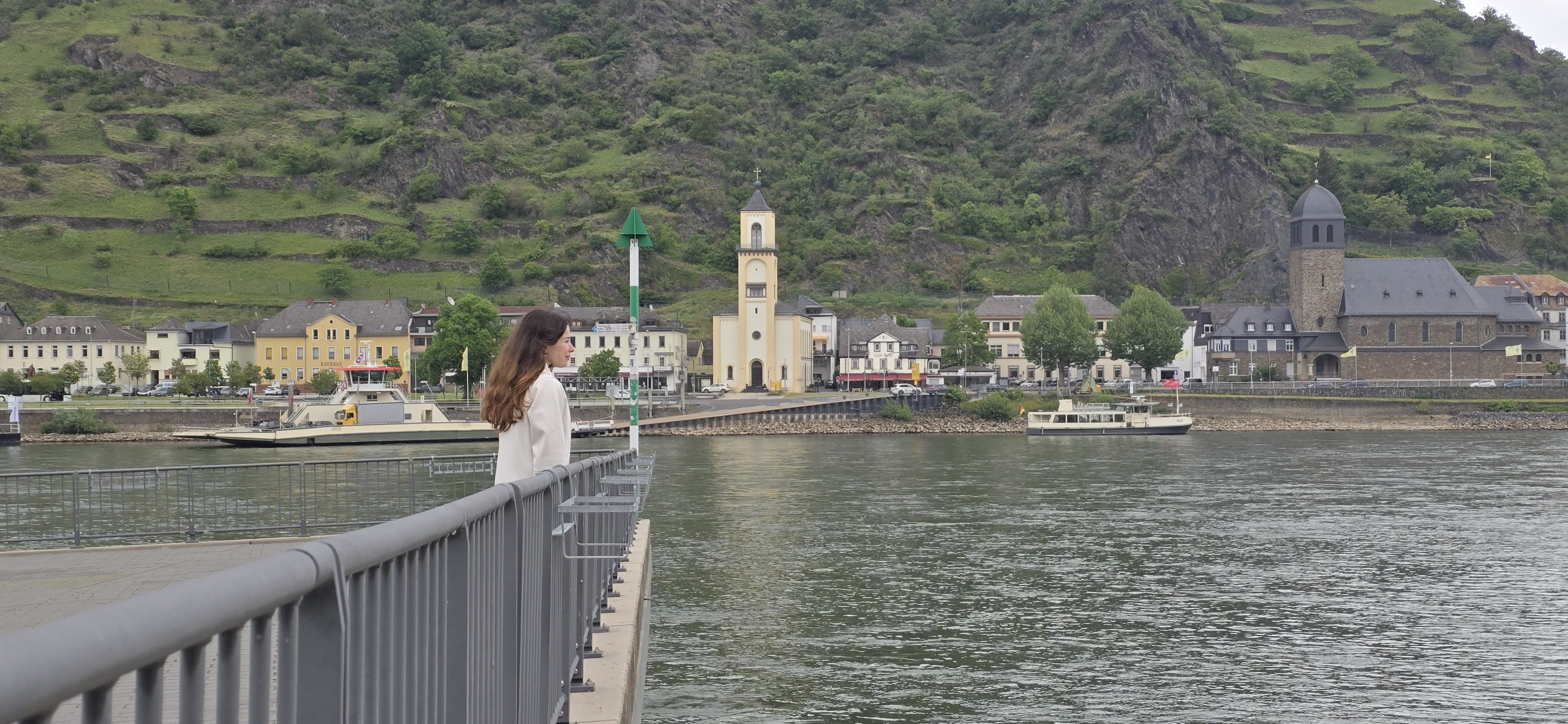 St. Goar ferry pier looking toward St. Goarshausen on an overcast May morning