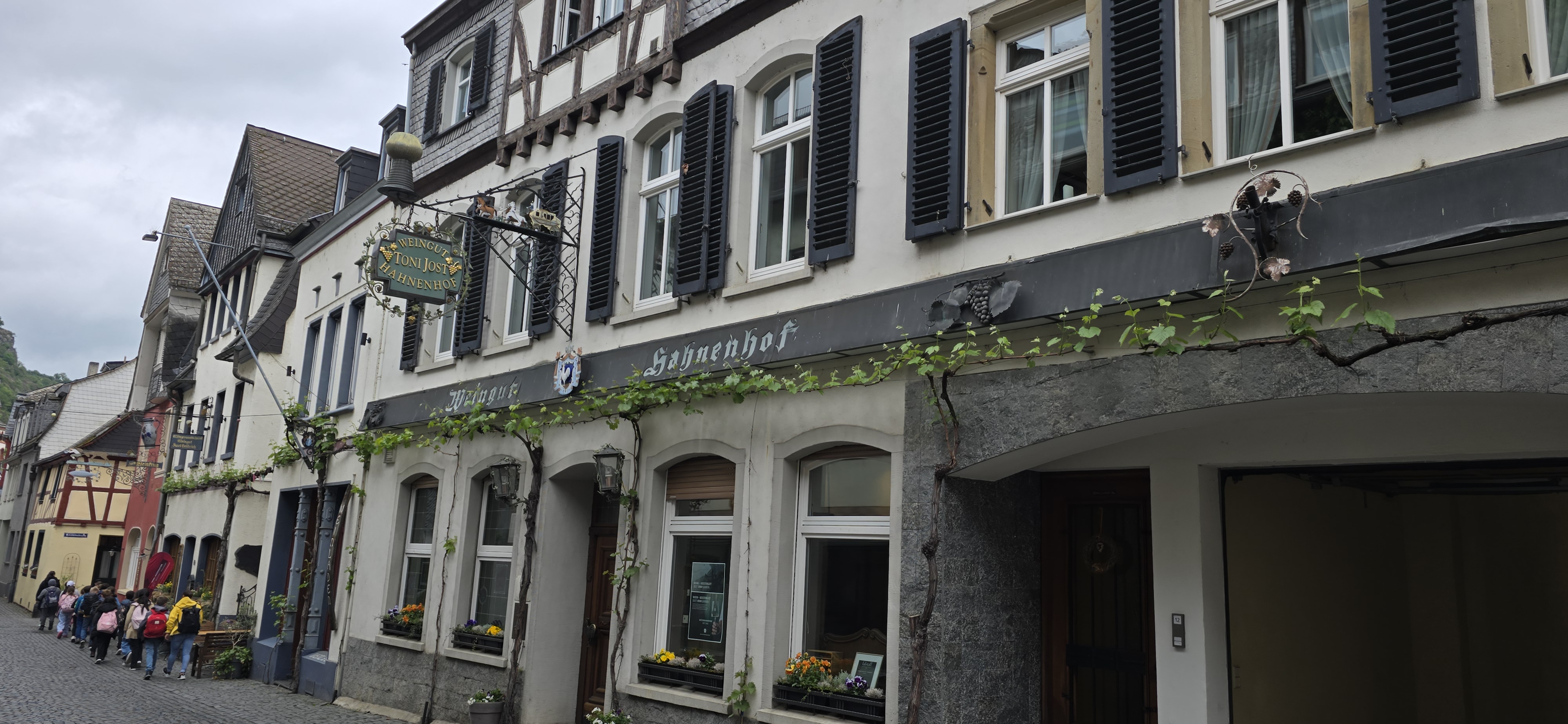 Weingut Toni Jost Hahnenhof winery facade on Oberstraße in Bacharach, the most internationally known Bacharach Riesling producer