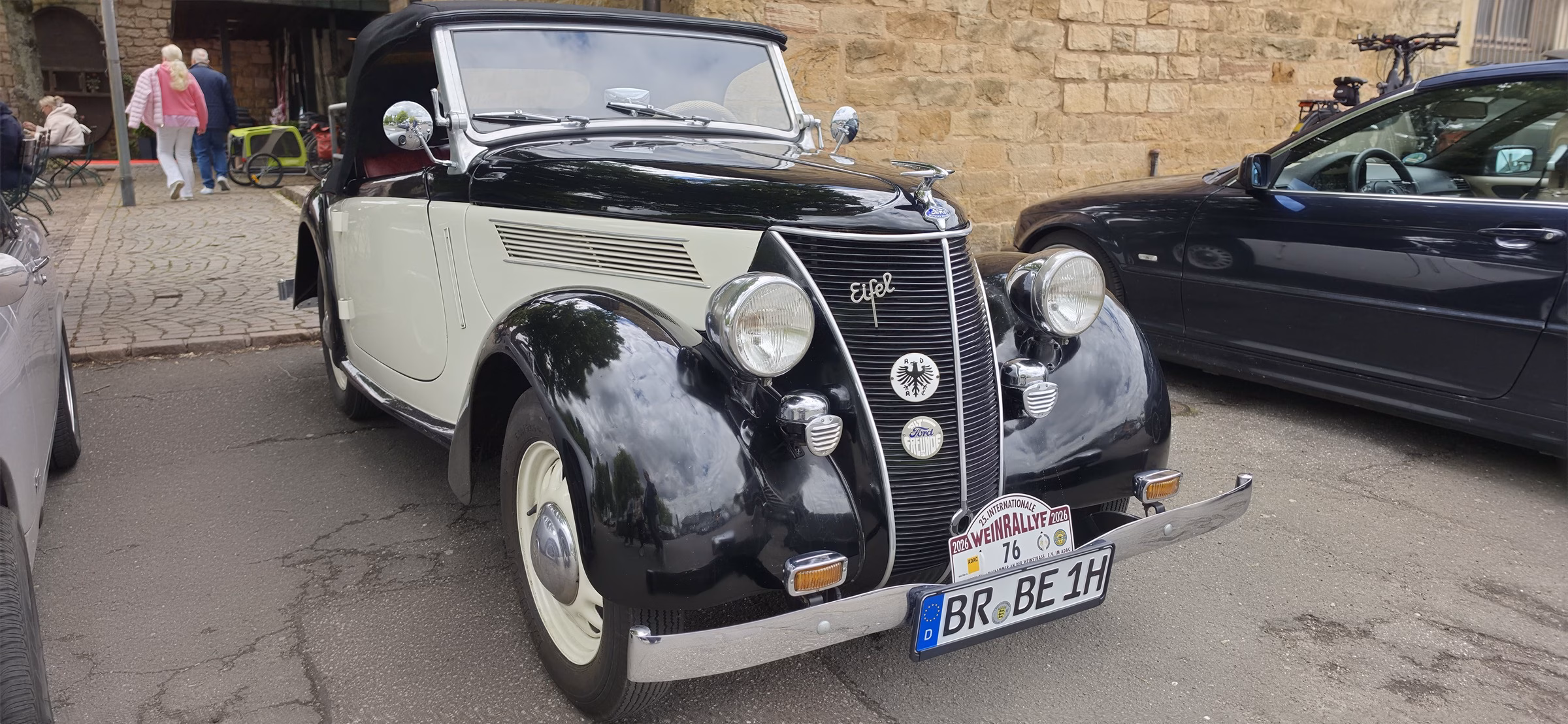 Pre-war German Ford Eifel coupe parked at the Deutsches Weintor on the day of a classic car meet