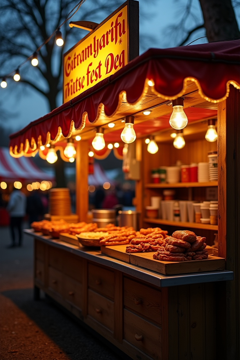 A food stand at the German-American Friendship Festival serving sausages and burgers under warm string lights [AI reference image, final version pending site visit]