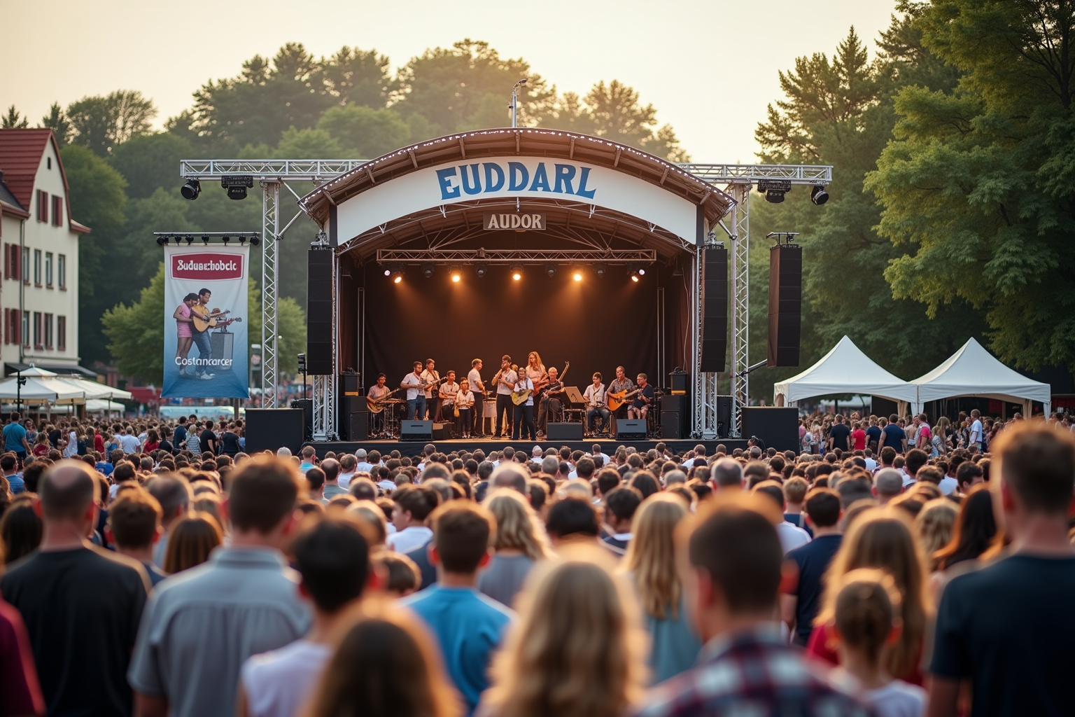 USAFE Touch n Go brass band performing on the Friendship Festival stage in Ramstein-Miesenbach, families gathered in front [AI reference image, final version pending site visit]