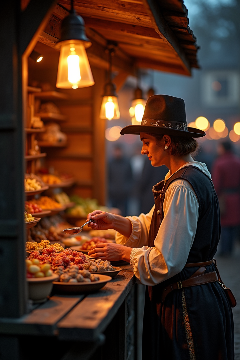 A Zeitsprung ins Mittelalter medieval market stand at the Altstadtfest Kaiserslautern, vendor in period costume serving food by torchlight