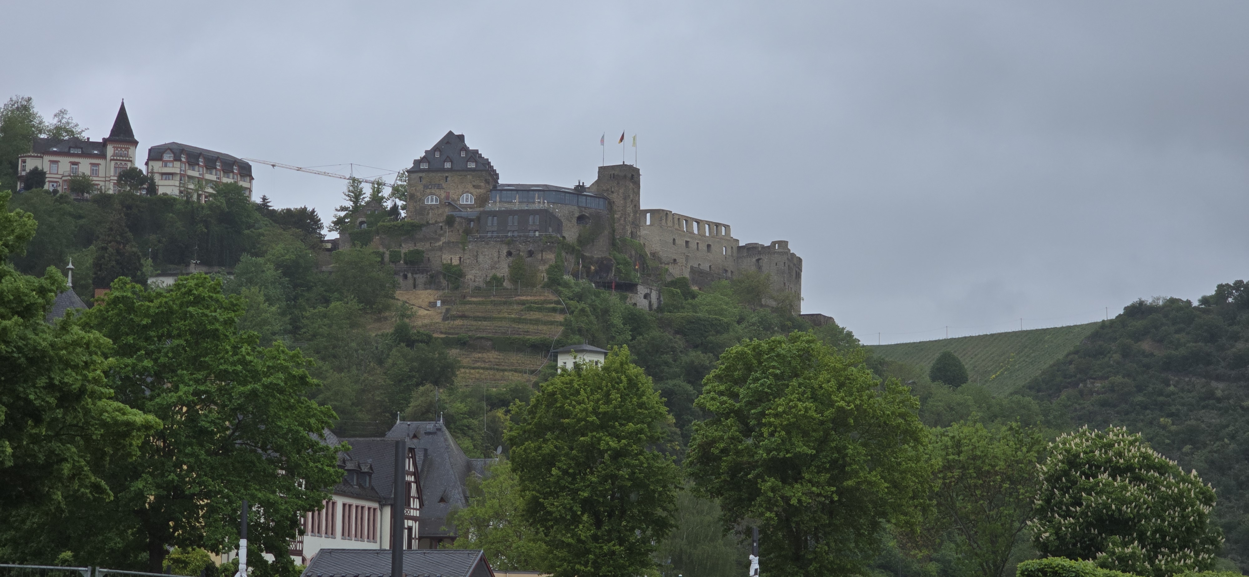 Burg Rheinfels silhouette in the rain from an upper St. Goar footpath, the visit we abandoned for weather
