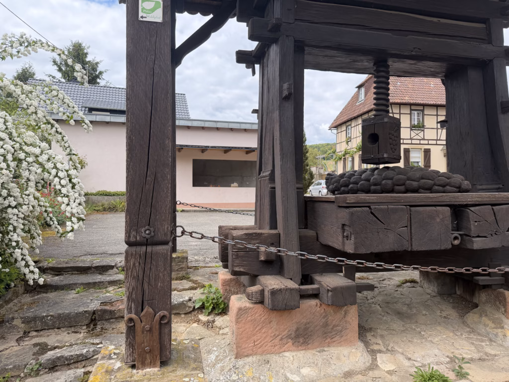 A large old timber basket wine press with an iron screw beside a green Weinlehrpfad sign and a half-timbered house behind