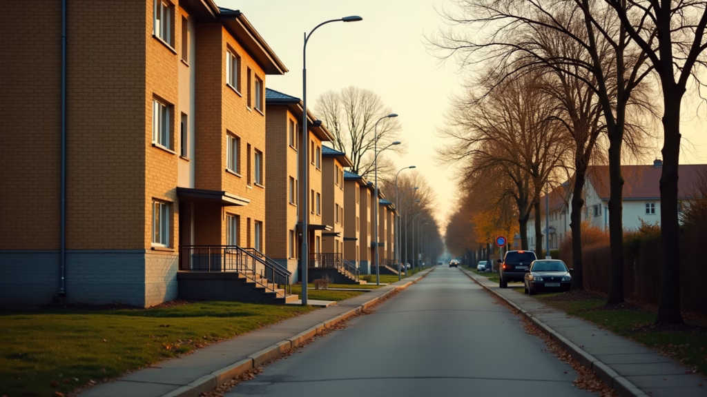Quiet residential street of 1950s-1960s tan-brick US military apartment housing at golden hour, bare autumn trees lining the curb