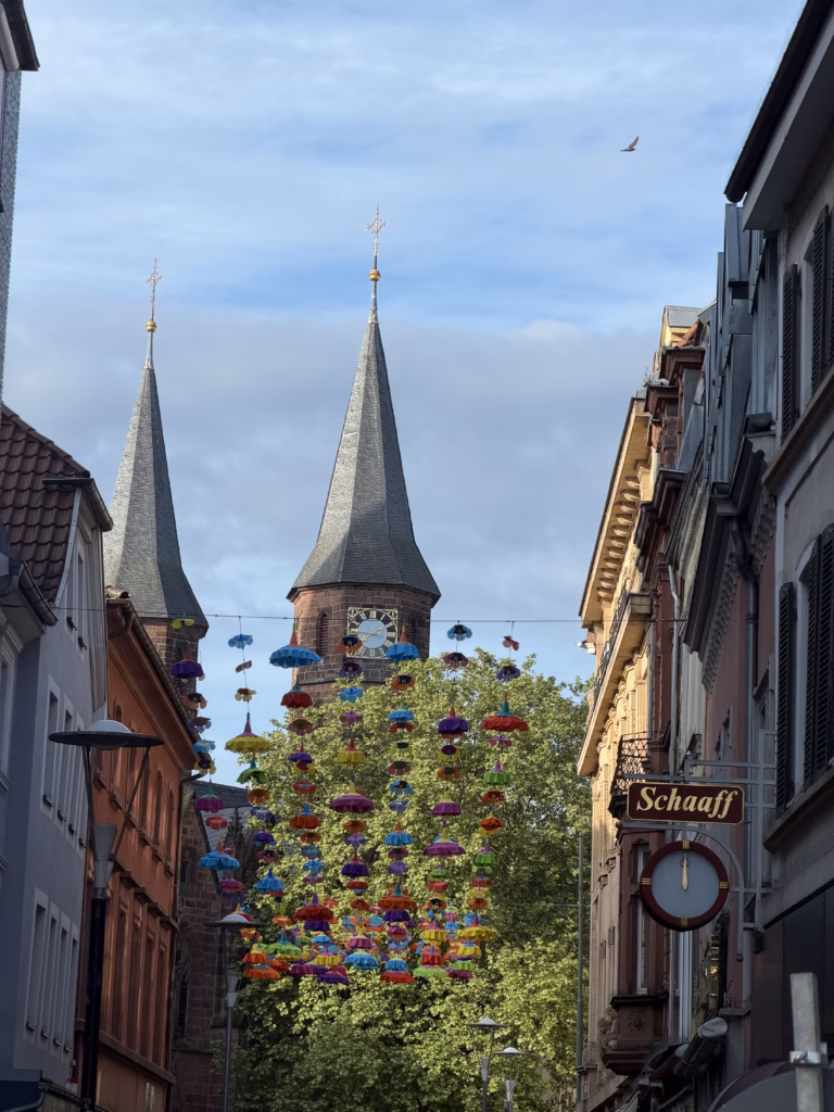 Hundreds of brightly coloured umbrellas suspended over Schneiderstraße in Kaiserslautern Altstadt, the twin Romanesque-Gothic spires of the Stiftskirche rising behind a chestnut tree, a single bird in flight overhead, Schaaff bakery sign on the right